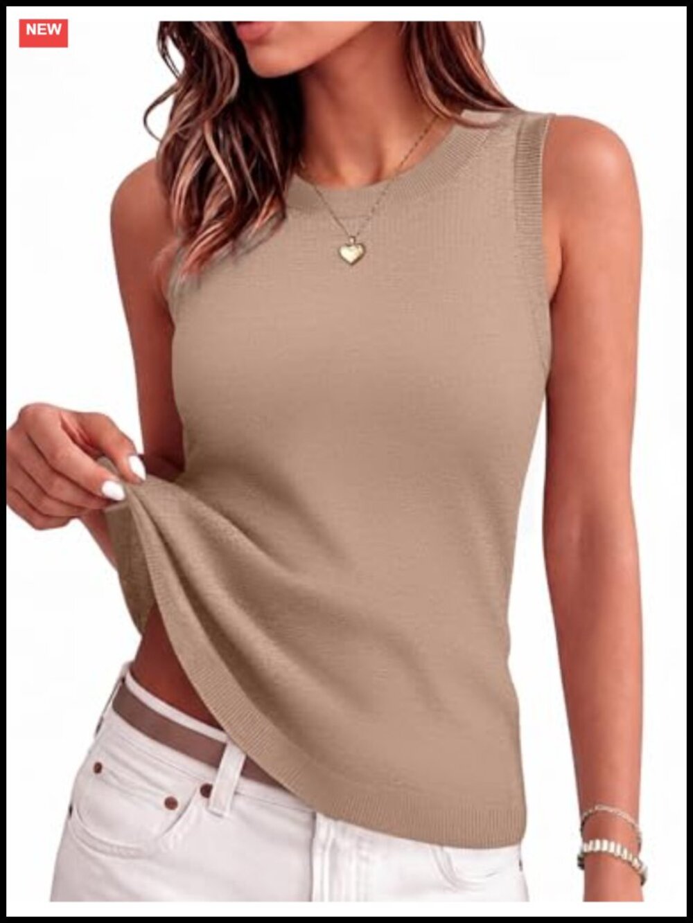 Women's Knit Tank Top Loose Fit Sleeveless Ribbed Crew Neck Vest